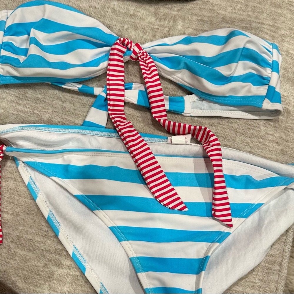 Blue and White Striped Bikini with Red Accents